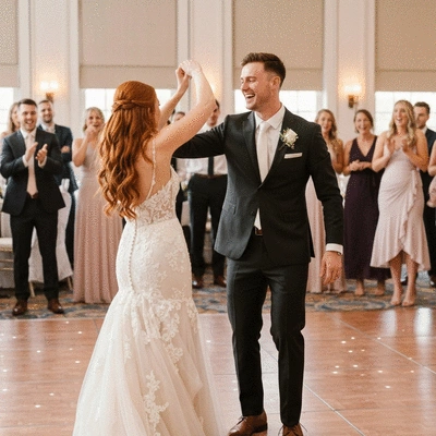 Happy wedding couple dancing on a brightly lit dance floor