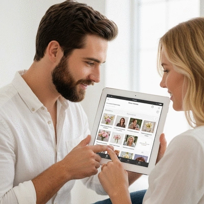 Couple using wedding planning app on a tablet, no text, no words, no typography