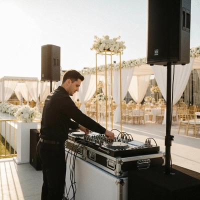 Wedding DJ setting up equipment at an outdoor wedding venue