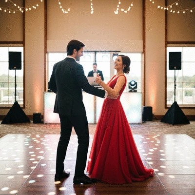 Wedding couple dancing joyfully surrounded by lights and music, with a DJ in the background