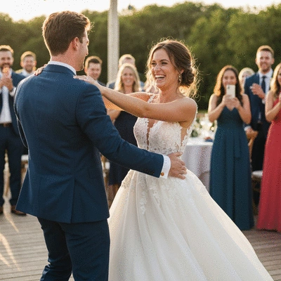 Happy couple dancing at their wedding reception with guests in the background