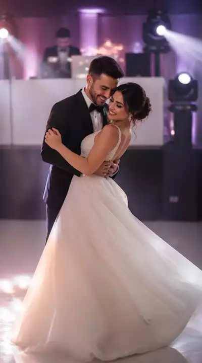 Couple dancing at wedding with DJ playing music