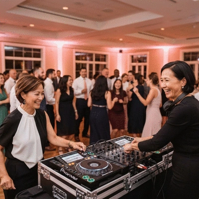 Wedding DJ mixing music at a reception