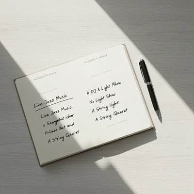 Wedding planner notebook and pen on a desk, top-down view, planning entertainment options