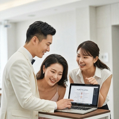 Couple planning wedding reception timeline with a DJ, looking at a laptop