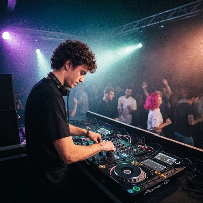 DJ mixing music at an event, dynamic lighting, diverse crowd dancing