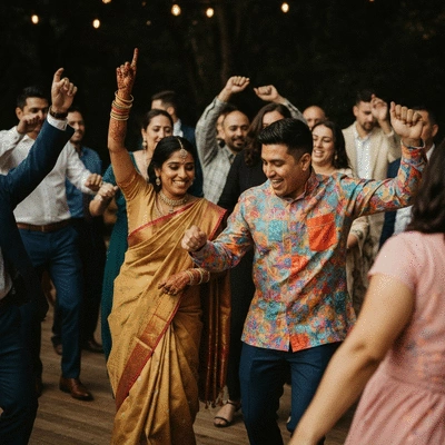 Diverse group of wedding guests dancing to multicultural music, vibrant and joyful atmosphere