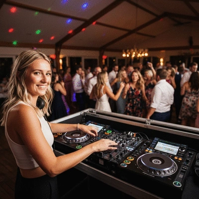 Wedding DJ mixing music at a reception, with colorful lights and a dancing crowd in the background