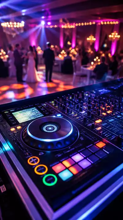 DJ equipment with colorful lights at a wedding reception