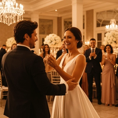 Wedding couple dancing under warm lighting