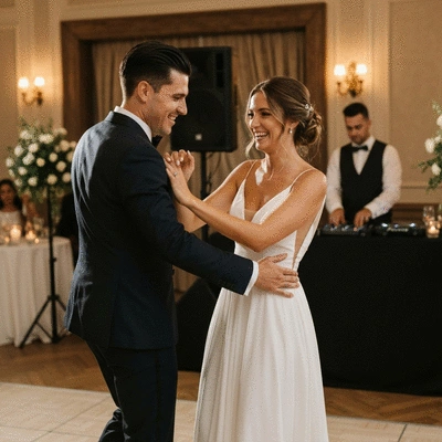Happy wedding couple dancing with a DJ playing music