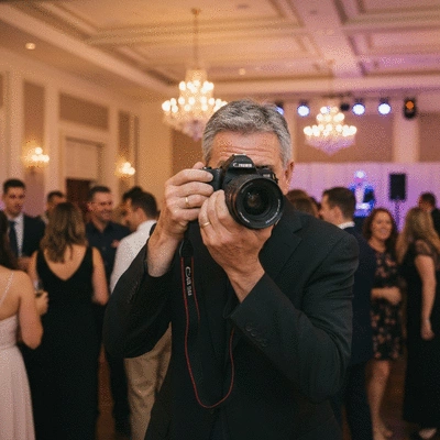 Wedding DJ mixing music at a reception, lights and happy couple