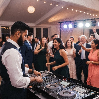 Wedding DJ mixing music at a lively reception, lights and happy guests in background