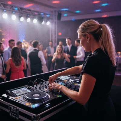 Wedding DJ at an event, mixing music on a console, lights and happy people in the blurry background, no text, no words, no typography, clean image