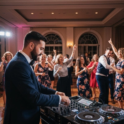 Wedding DJ mixing music at a lively reception