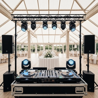 Modern wedding DJ setup with lights and sound equipment