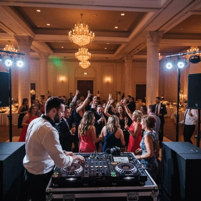 Wedding DJ mixing music at a reception, with colorful lights and a dancing crowd in the background, no text, no words, no typography