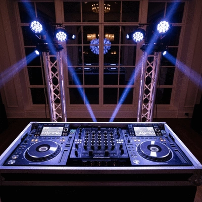 Professional wedding DJ setup with turntables and lighting