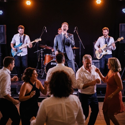 Energetic live band performing at a wedding reception