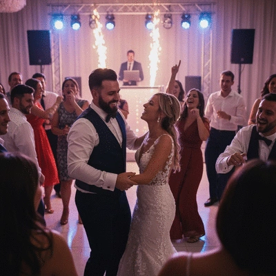 Happy wedding couple dancing with friends and family on a dance floor, a DJ booth in the background, vibrant lighting, no text, no words, no typography, clean image