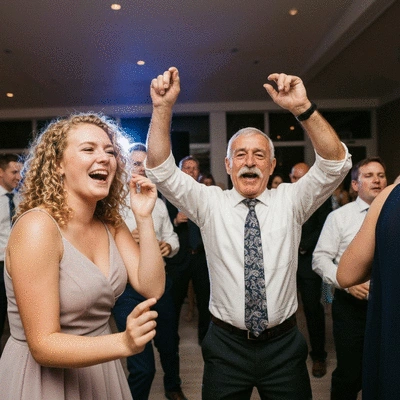 Happy wedding guests of all ages dancing and singing along to music at a wedding reception