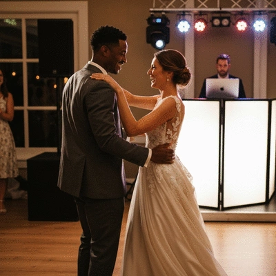 Happy couple dancing at their wedding reception with a DJ booth in the background