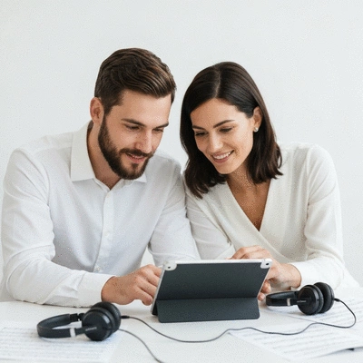 Couple planning wedding music on a tablet, with headphones and sheet music around them, no text, no words, no typography, no labels, clean image