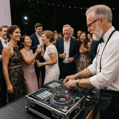 DJ mixing music at a wedding reception, diverse crowd enjoying the music, modern setup
