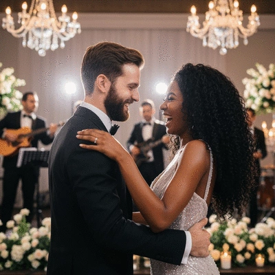 Happy couple dancing at their wedding reception with a live band playing