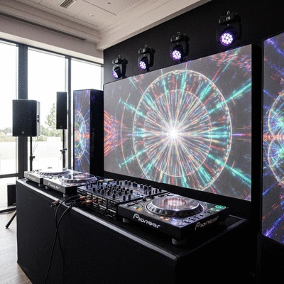 Modern wedding DJ setup with synchronized lighting and visuals, no text, no words, no typography