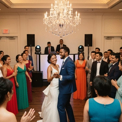 Happy couple dancing at their wedding reception with a DJ booth in the background, no text, no words, no typography