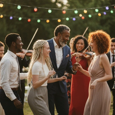 Diverse group of people dancing joyfully at a wedding, with colorful lighting and traditional instruments in the background