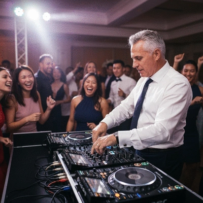 Wedding DJ mixing music at a wedding reception
