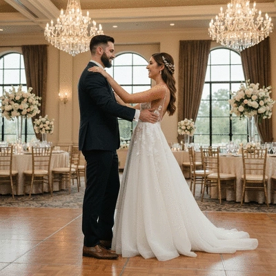 Happy couple dancing at their luxury wedding reception
