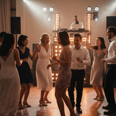 Wedding guests dancing excitedly on a dance floor with a DJ booth in the background, festive atmosphere