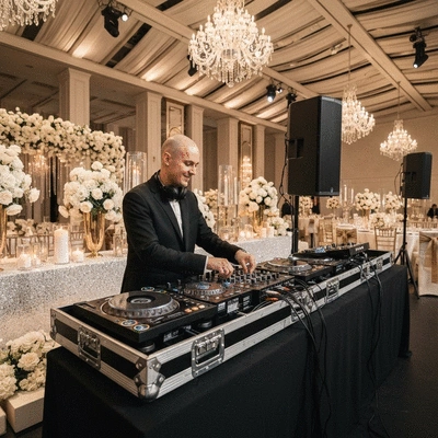 Wedding DJ setting up equipment at a reception