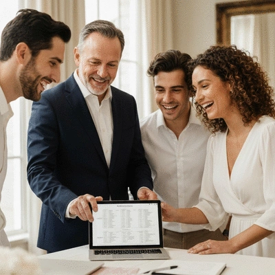 Wedding DJ coordinating timeline with a couple, showing a detailed schedule on a tablet