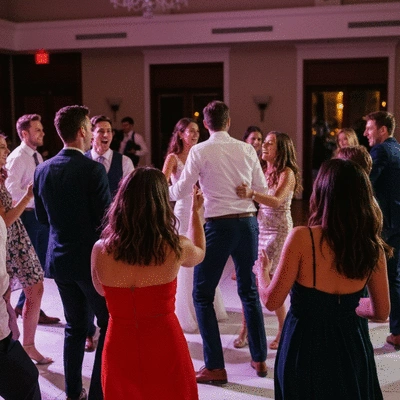 Wedding guests dancing on a lively dance floor