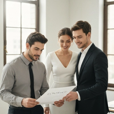 Wedding planner reviewing a contract with a couple