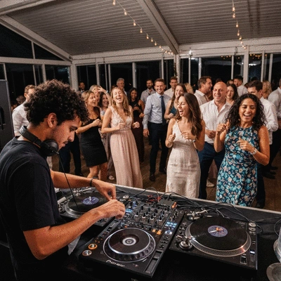 Wedding DJ mixing music at a reception, vibrant lights, energetic atmosphere, no text, no words, no typography, no labels, clean image