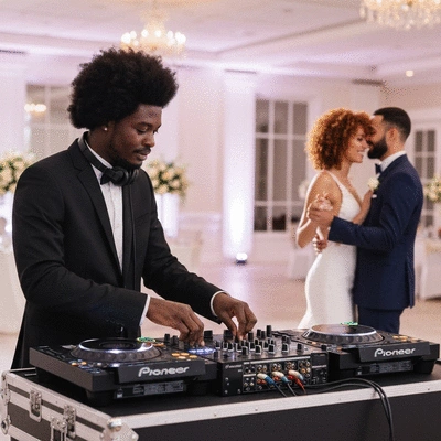 Wedding DJ mixing music at a wedding reception