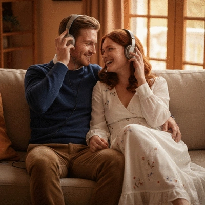 Wedding couple smiling and listening to music with headphones