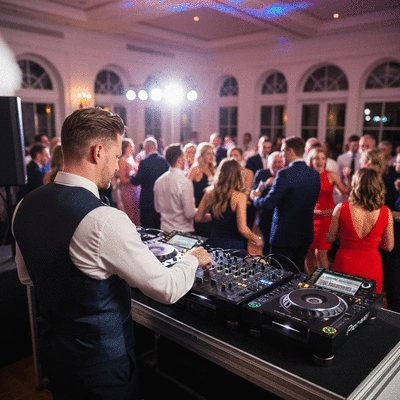 Wedding DJ mixing music at a lively reception