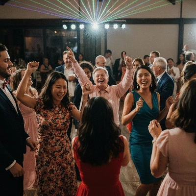 Wedding guests dancing on a lively dance floor