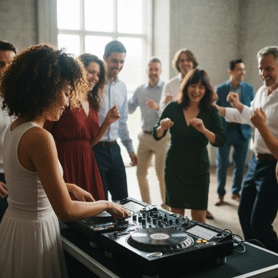 Wedding DJ playing music at a multicultural wedding with diverse guests dancing