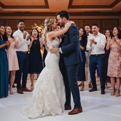 Wedding couple dancing with guests in background, vibrant lighting, modern wedding