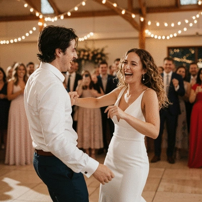 Happy wedding couple dancing at their reception