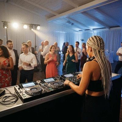 A DJ mixing music at a vibrant wedding reception with guests dancing