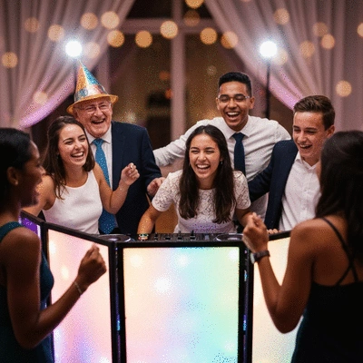A diverse group of friends and family gathered around a DJ booth at a wedding, smiling and enjoying the music