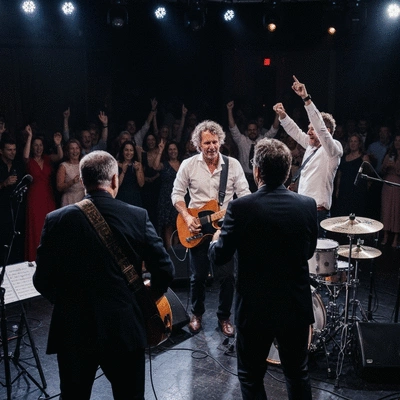 Live wedding band performing on stage with instruments and lights